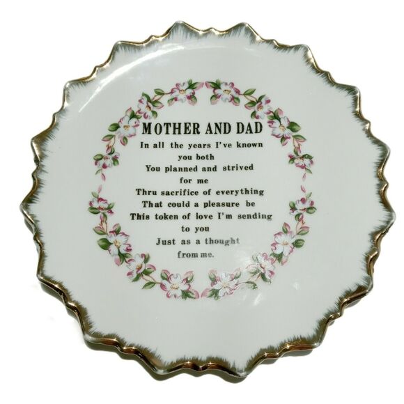 Tribute to Mother Dad Floral Plate Wall Hanging 7" VTG Retro Parent Gift Poem - Picture 6 of 16